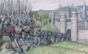 Ms 659 f.282r Louis, hrabě z Flander a město Bruggy jsou poraženy Filips van Artefelde a lidmi z Gentu v bitvě u Bevenhoutsveldu v roce 1382, 1477
